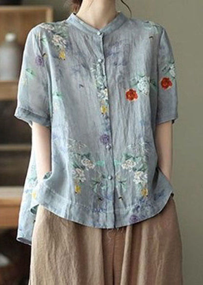 Blue Polka Dots Print Cotton Shirts Low High Design Short Sleeve