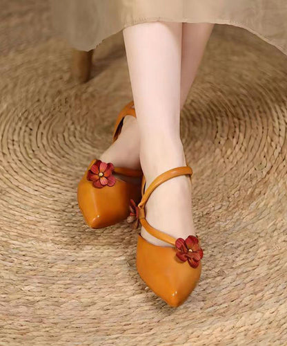 Yellow Sandals Kitten Cowhide Leather Simple Splicing