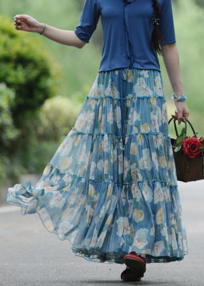 Blue Wrinkled Print Lace Up Exra Large Hem Silk Skirt Spring