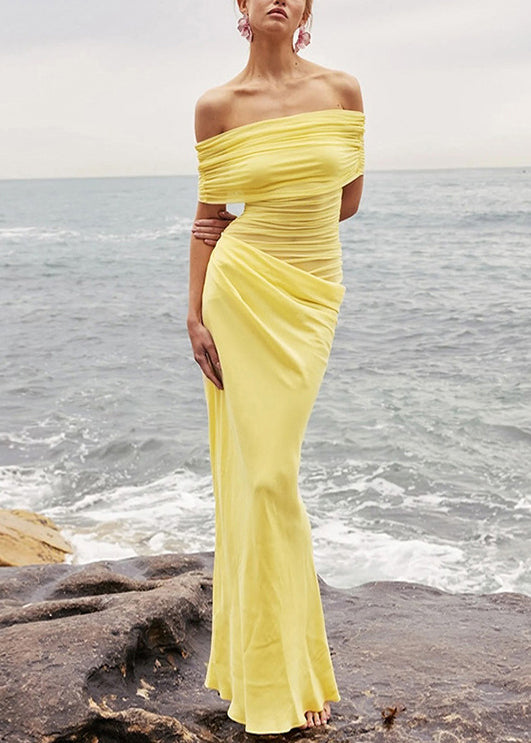 European and American Style Yellow Slash Neck Tulle Dress Summer