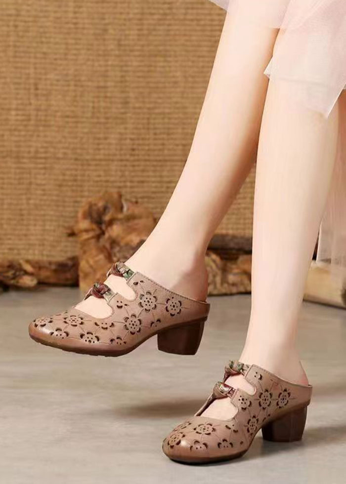 Brown High Heels Chunky Cowhide Leather Hollow Out High Heels