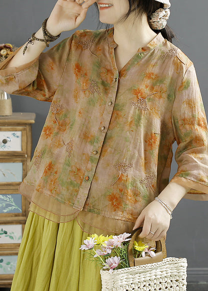 Chinese Style Yellow V Neck Embroideried Linen Shirt Top Summer