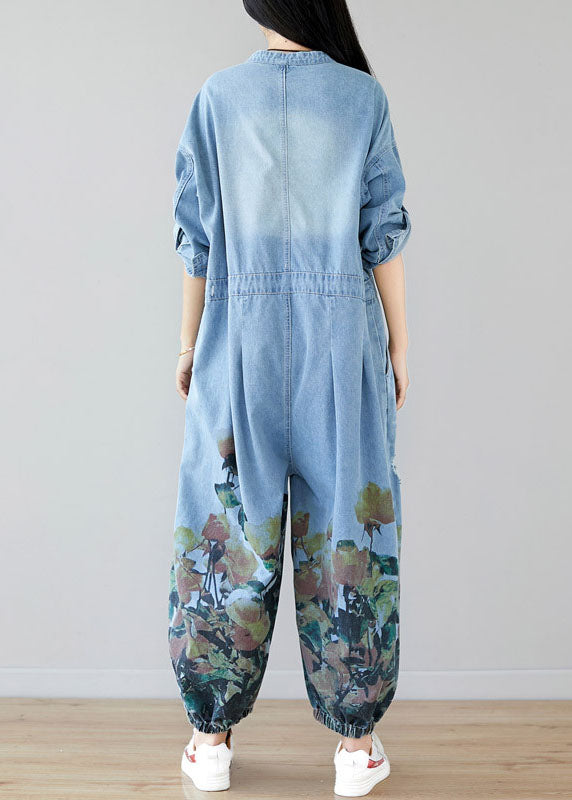 Light Blue Pockets O-neck Print Denim Jumpsuit Spring