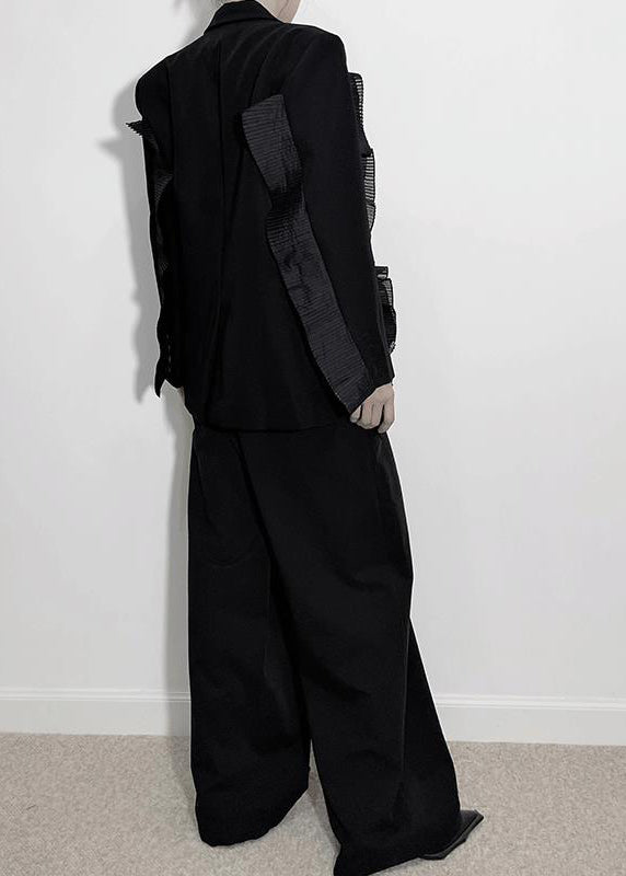 Unique Black V Neck Patchwork Coats and Wide Leg Pants Two Piece Set Long Sleeve