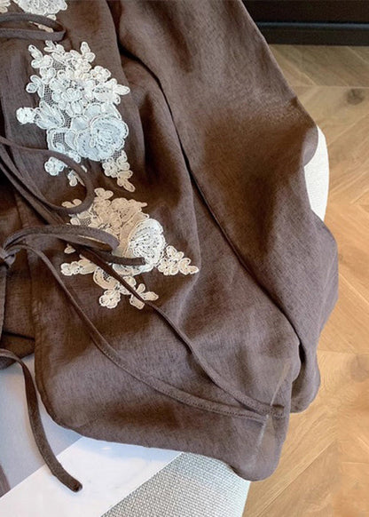 Coffee Lace Embroidered Lace Up Cotton Blouses Fall
