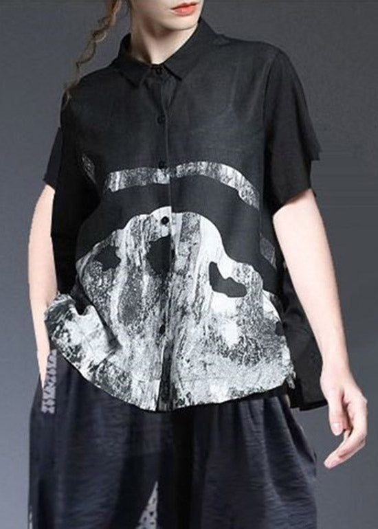 Classy White Peter Pan Collar Print Button Cotton Blend Top and Harem Pants Two Pieces Set Summer
