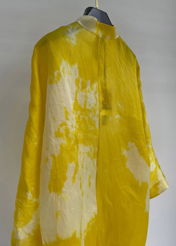 Yellow Stand Collar Button Cotton Shirt Long Sleeve