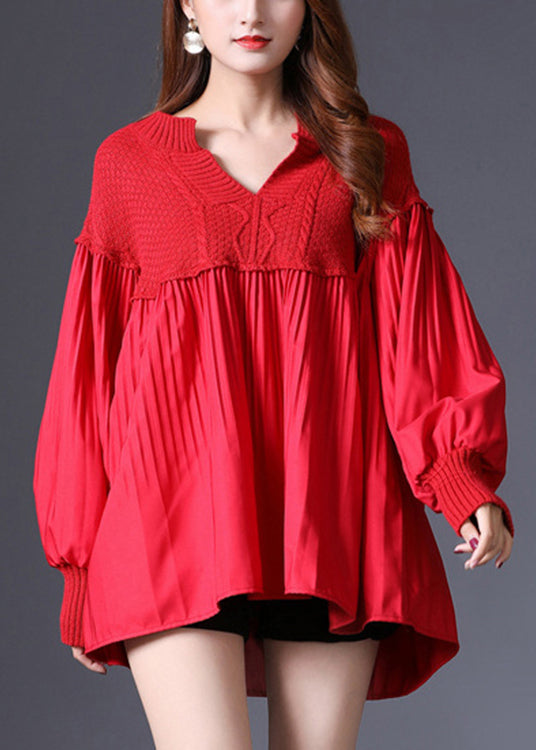 Red V Neck Patchwork Knit Pullover Spring