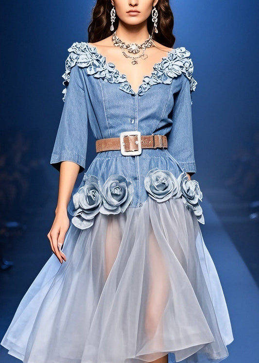 French Blue Tulle Patchwork Denim Dress Summer