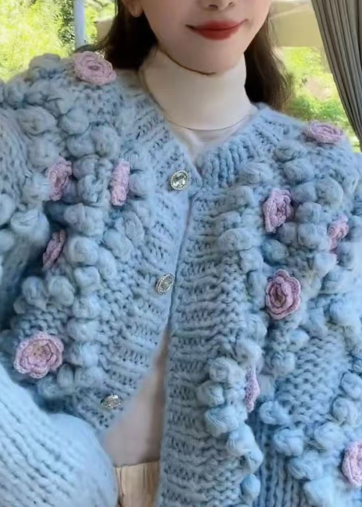 Blue O Neck Button Cozy Knit Coat Winter