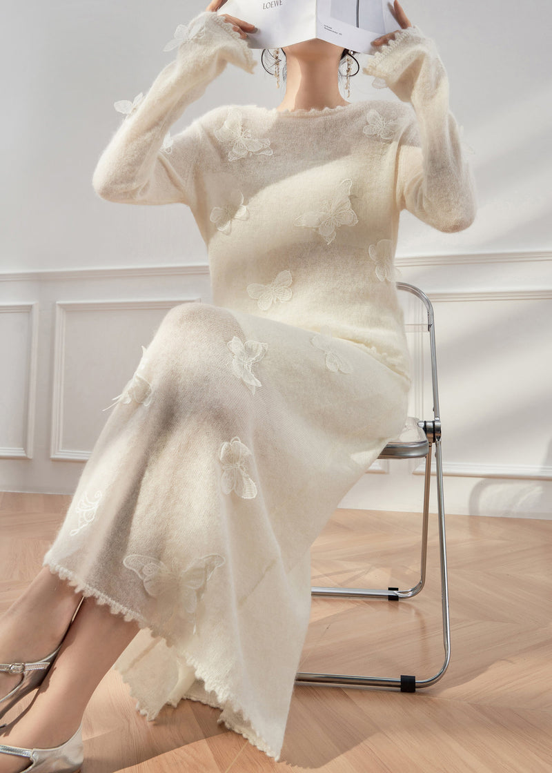 Slim Fit White Butterfly Sweaters and Skirts Knit Two Pieces Set Fall
