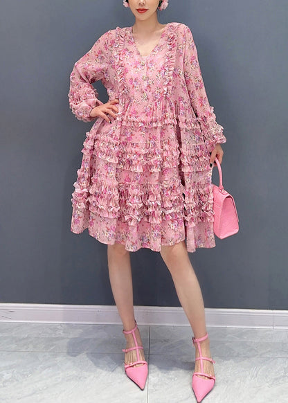 Pink V Neck Ruffled Patchwork Print Chiffon Mid Dress Long Sleeve