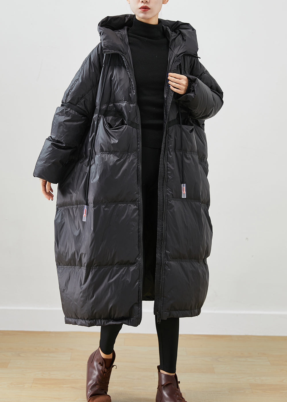 French Black Oversized Drawstring Duck Down Jacket in Winter