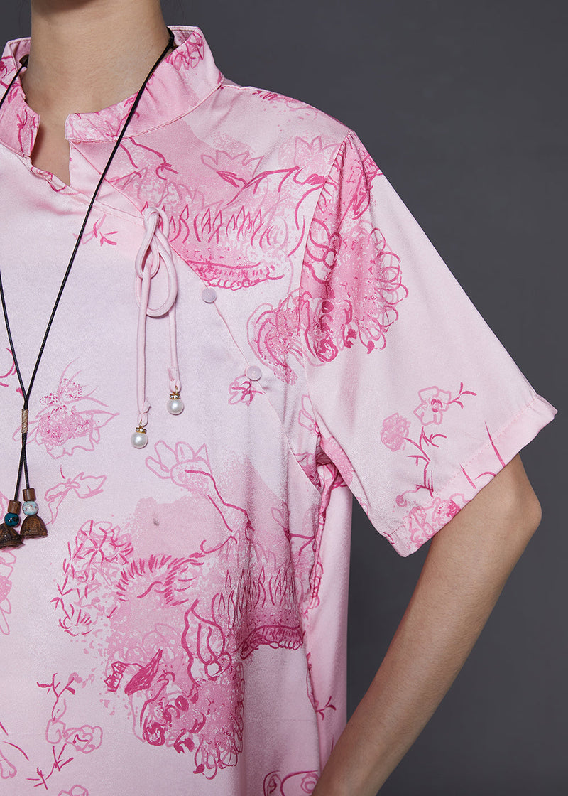 Pink Mandarin Collar Print Silk Dresses Summer