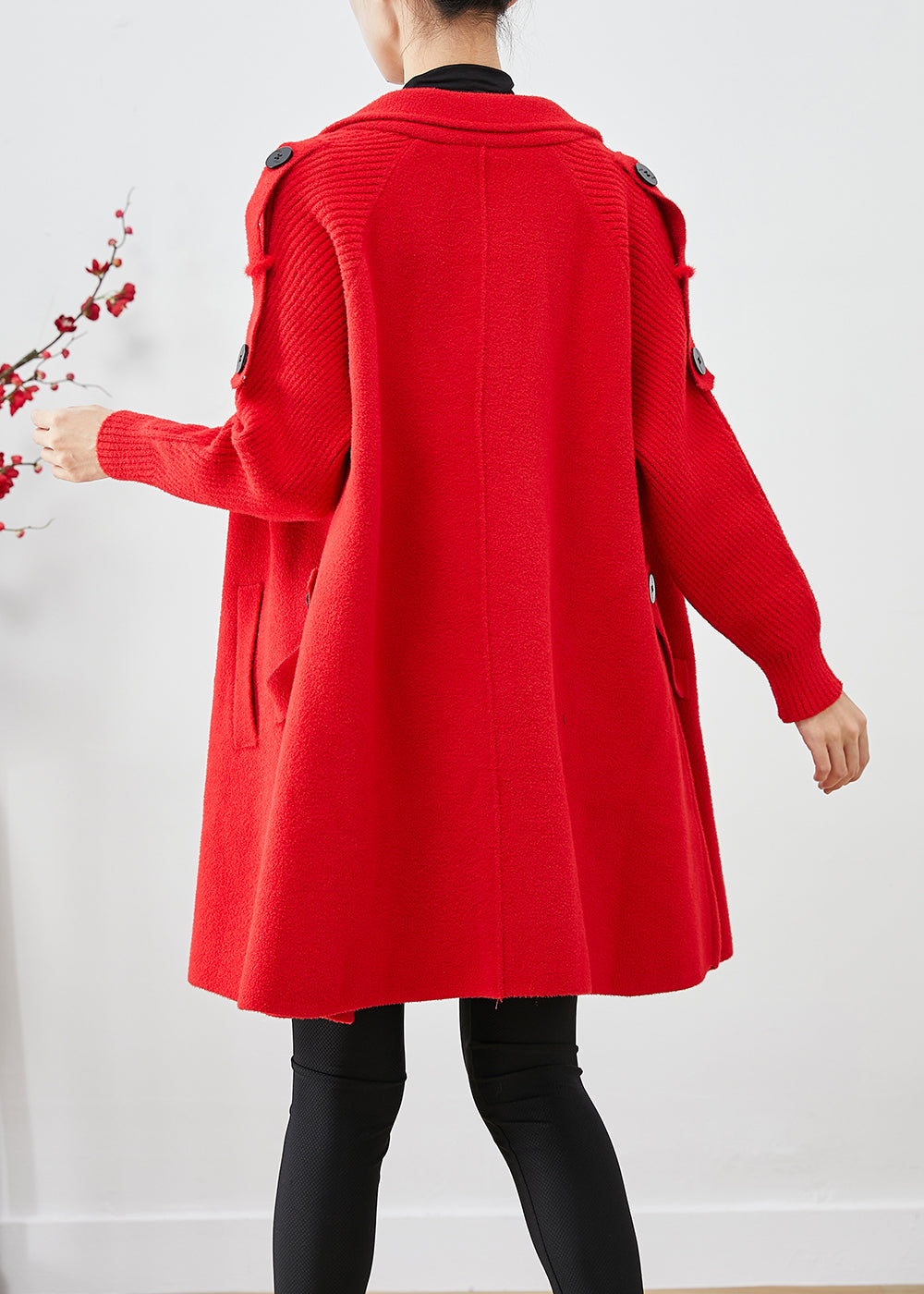 Red Oversized Knit Patchwork Woolen Coat Fall