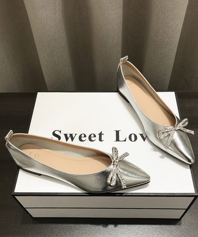 Comfy Bow Splicing Flat Shoes Gold Faux Leather Pointed Toe