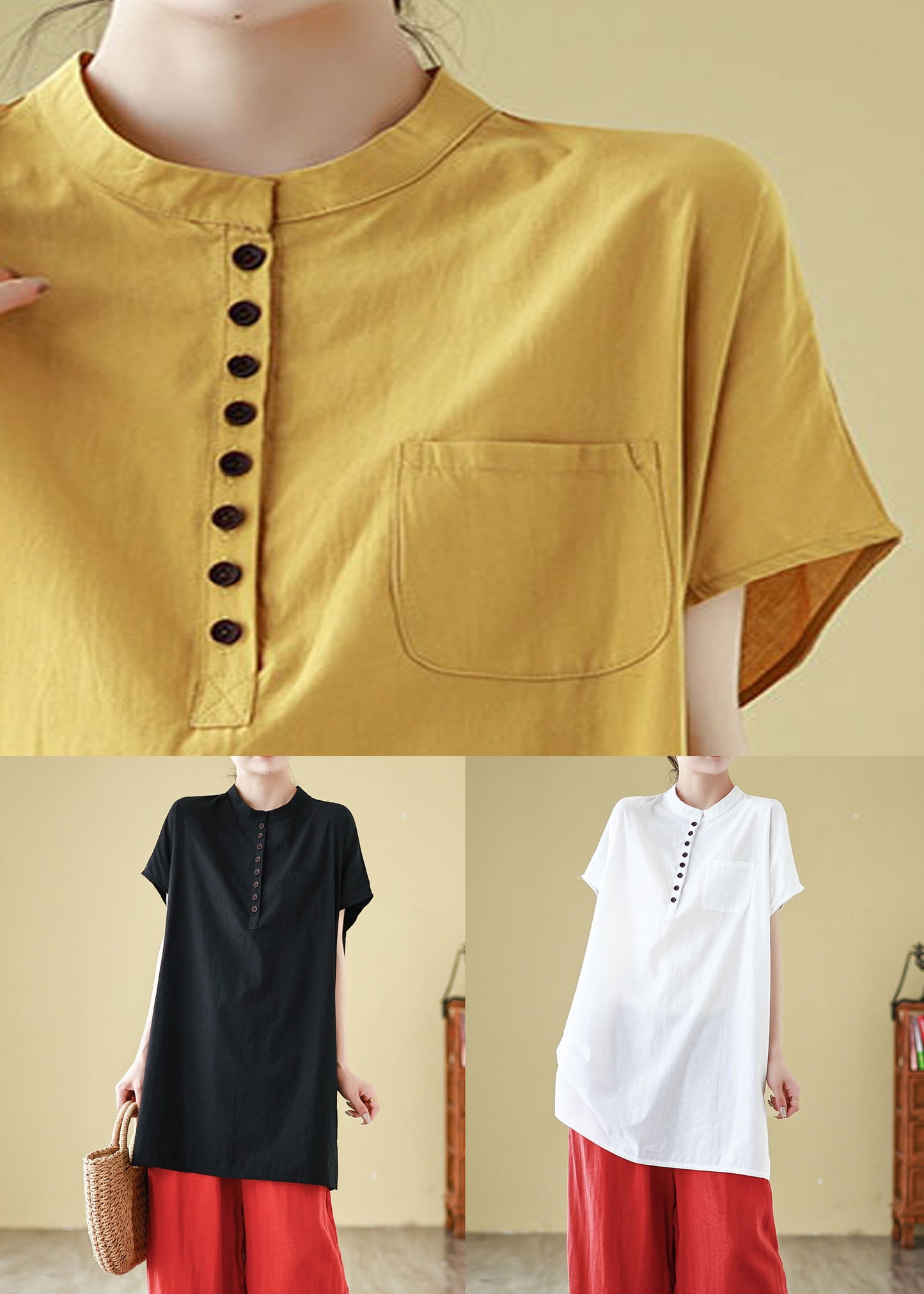 Simple Yellow Button Pockets Cotton T Shirt Short Sleeve