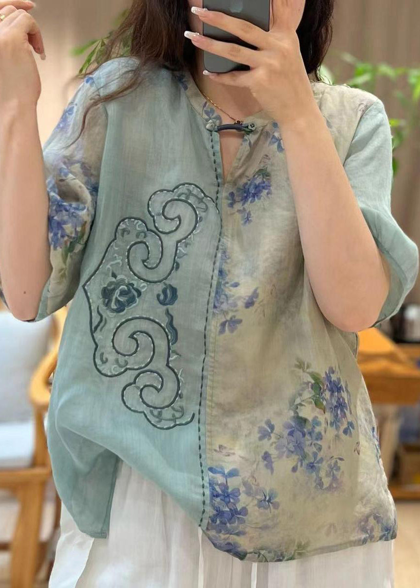 Blue Embroideried Print Patchwork Linen Tops Half Sleeve