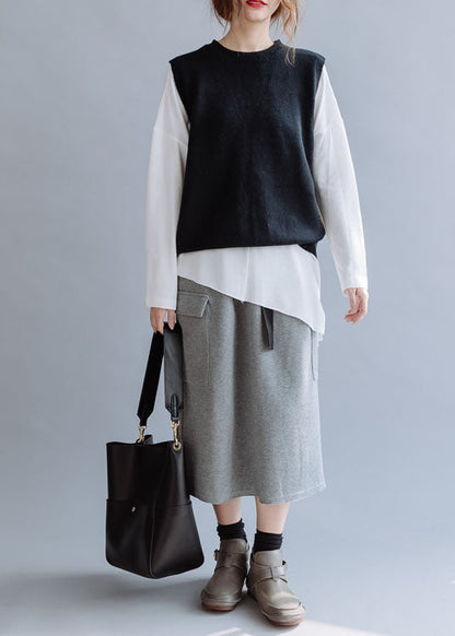 Modern Grey Elastic Waist Pockets Cotton Skirt Fall
