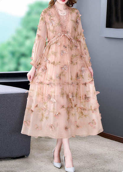 Art Pink Butterfly Lace Up Lace Patchwork Silk Long Dresses Spring