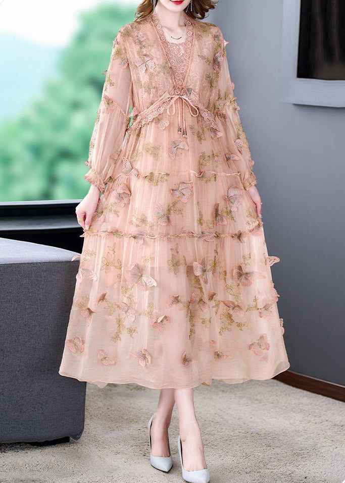 Art Pink Butterfly Lace Up Lace Patchwork Silk Long Dresses Spring