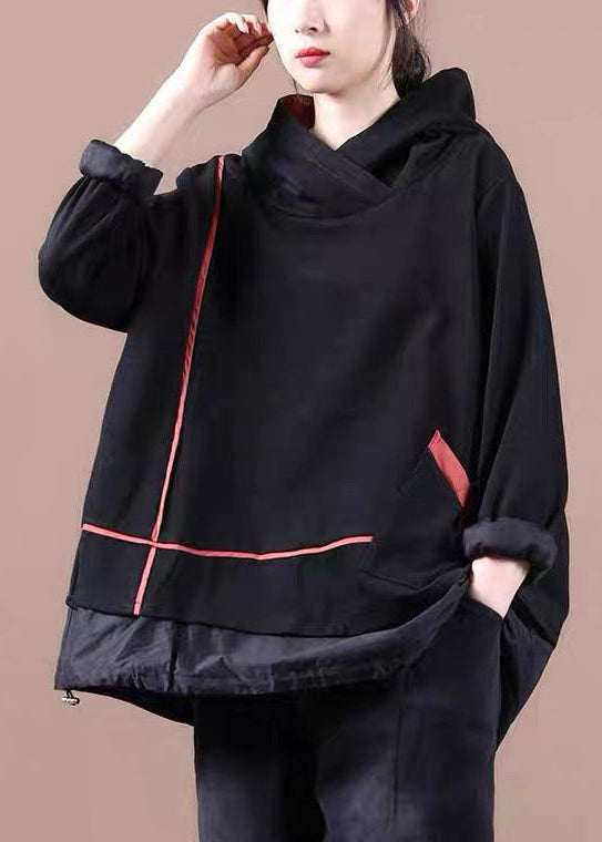 Black Striped Hooded Patchwork Warm Fleece Pullover Sweatshirt Winter