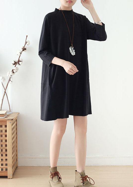 Black Zippered Cotton Long Sleeve Pockets Fall Dress