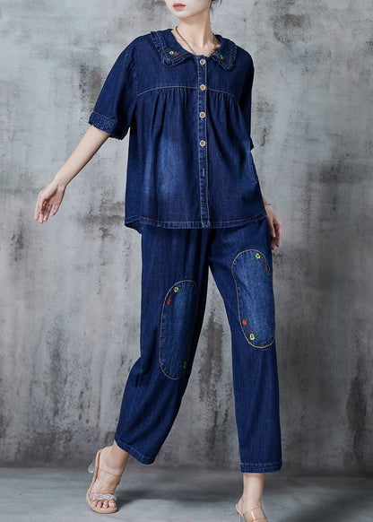 Navy Embroidered Patchwork Denim Two Pieces Set Summer