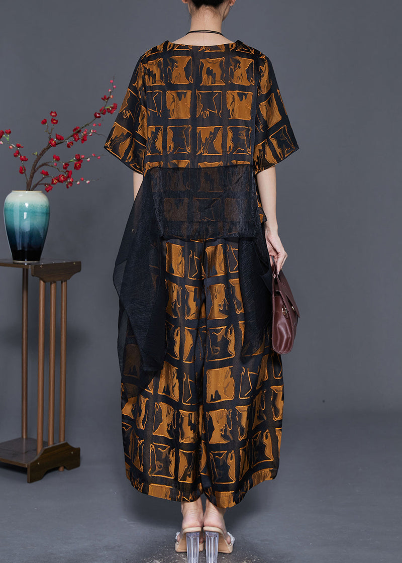 Brown Plaid Patchwork Silk Two Pieces Set Fall