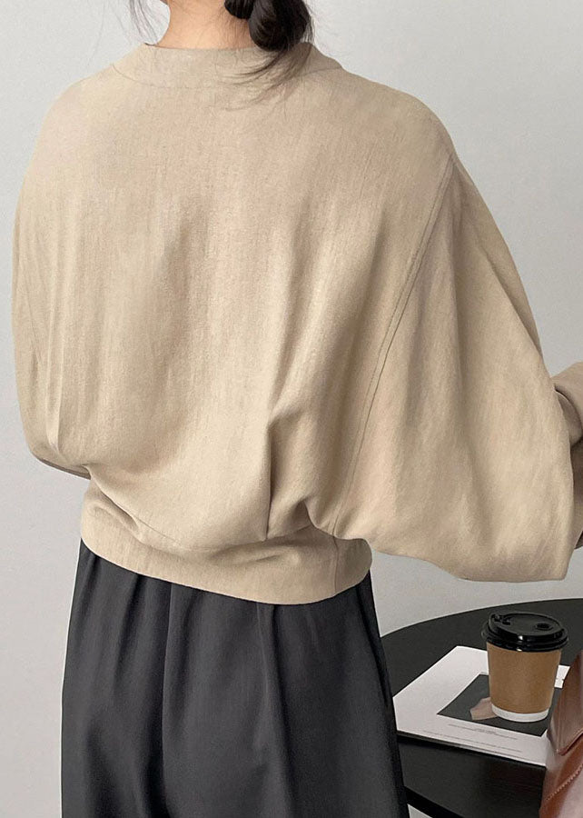 Apricot V Neck Asymmetrical Cozy Cotton Top Long Sleeve Spring