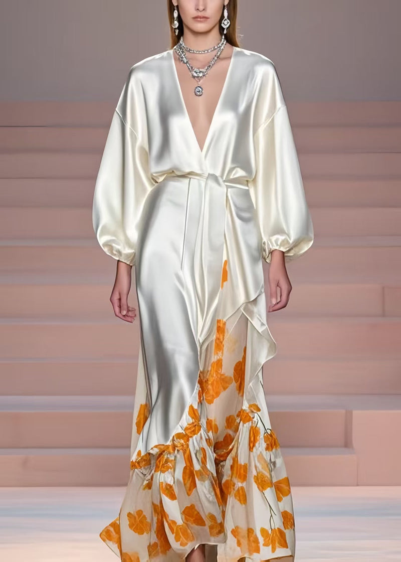 Milk White V Neck Print Silk Vacation Dresses Spring