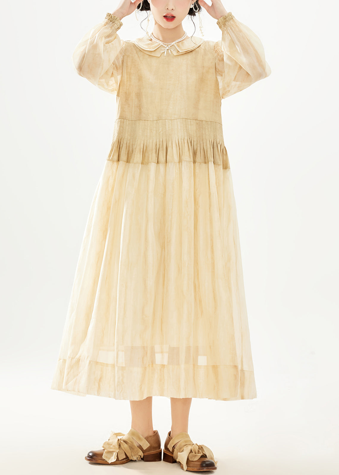 Khaki Double Layer Wrinkled Patchwork Cotton Long Dress Long Sleeve