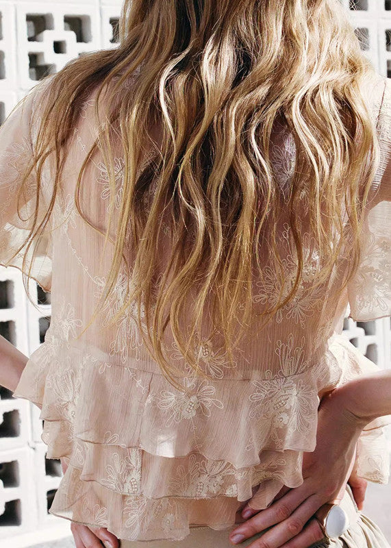 Pink Ruffled Chiffon Shirts and Skirts Two Pieces Set Summer