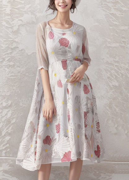 New White O-neck Print Silk Dress Half Sleeve