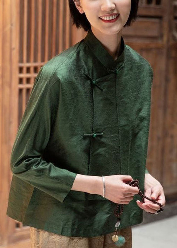Chinese Style Green Stand Collar Button Tops Long Sleeve