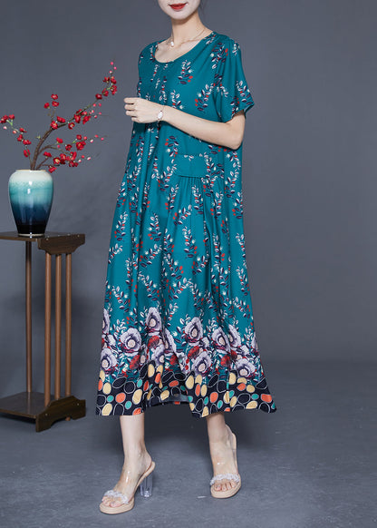 Diy Peacock Green Oversized Print Wrinkled Silk Maxi Dress Summer