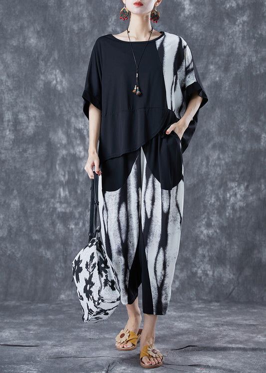 Black Patchwork Cotton Sets 2 Pieces Asymmetrical Summer