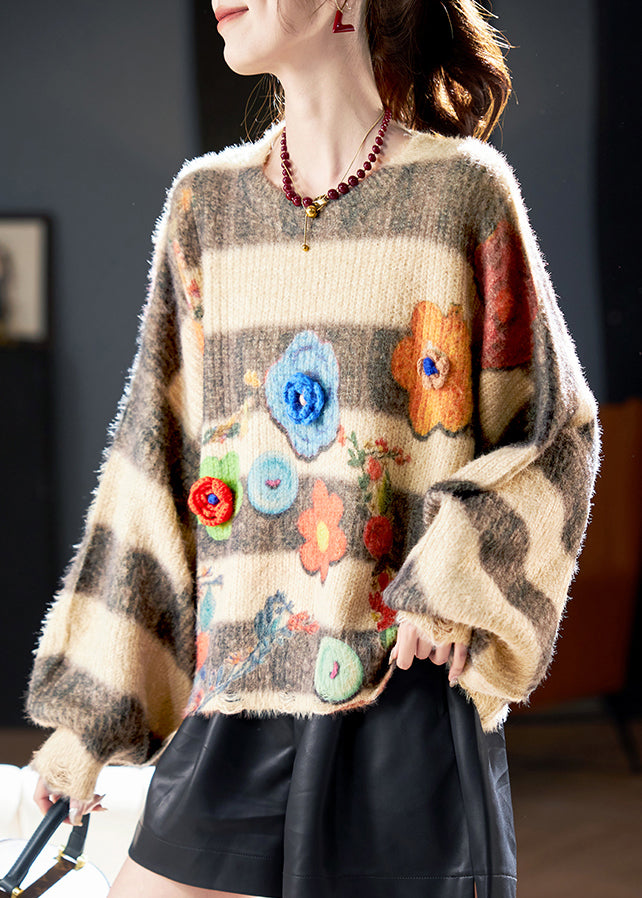 Loose O Neck Striped Knit Sweaters Winter