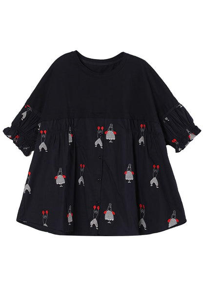 Black O-neck Embroideried Patchwork Cotton Shirts Short Sleeve