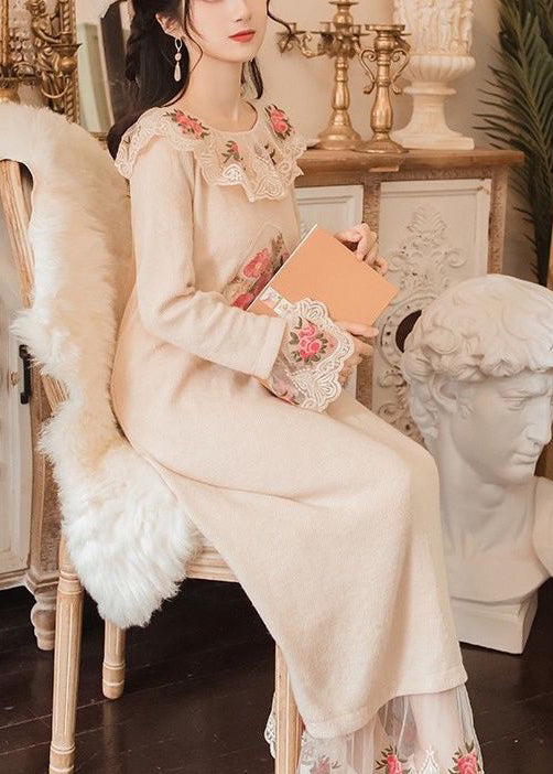 Modern Apricot Embroidered Patchwork Tulle Knit Long Sweater Spring