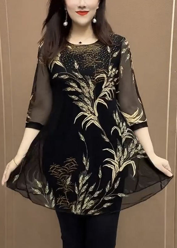 Yellow O Neck Print Patchwork Chiffon Shirt Top Bracelet Sleeve
