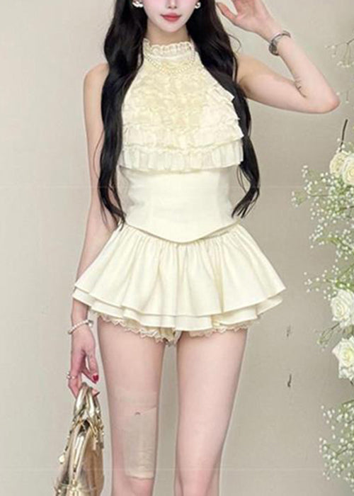 Black Ruffled Tops and Skirts Cotton Two Pieces Set Sleeveless