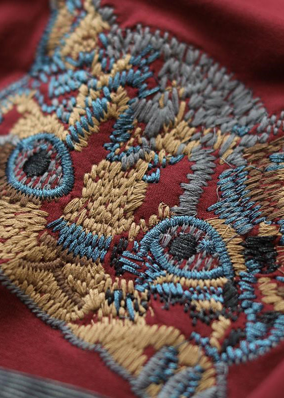 Art Red O-neck Embroideried Pockets Cotton Sweatshirt Long Sleeve
