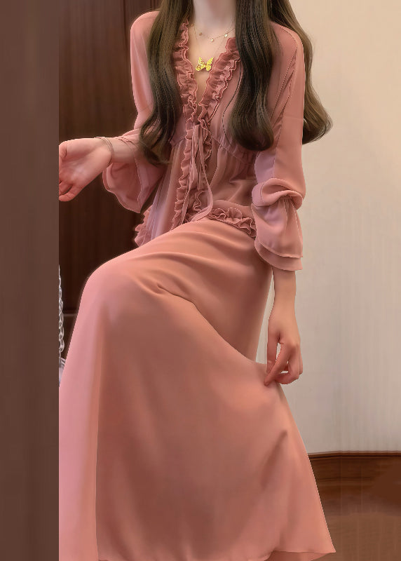 Pink Ruffled Lace Up Shirt and Skirts Chiffon Two Pieces Set Fall