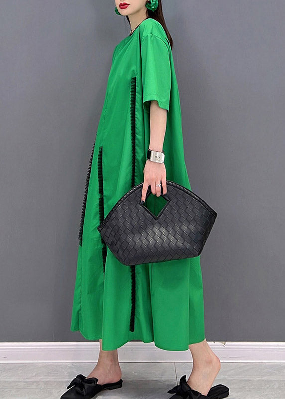 Green O-neck Ruffled Patchwork Pockets Long Dress Short Sleeve