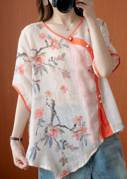 Stylish Orange Red Button Asymmetrical Design Print Fall Shirt Half Sleeve