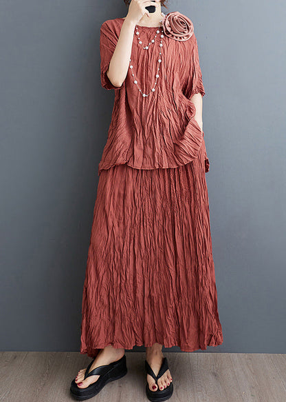 Art Brick Red Decorated Wrinkled Cotton 2 Piece Outfit Summer