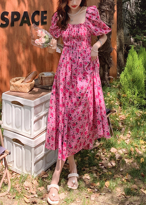 Rose Puff Sleeve Print Cotton Holiday Dress