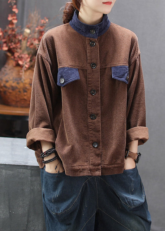 Chocolate Stand Collar Patchwork Corduroy Coats Spring