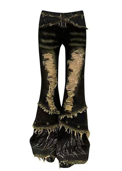 Navy Tasseled Denim Ripped Bell-bottom Trousers Spring